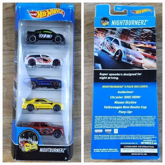 💜NIB Mattel 2016 Hot Wheels Nightburnerz Set of 5 Die-Cast Cars - Picture 1 of 5